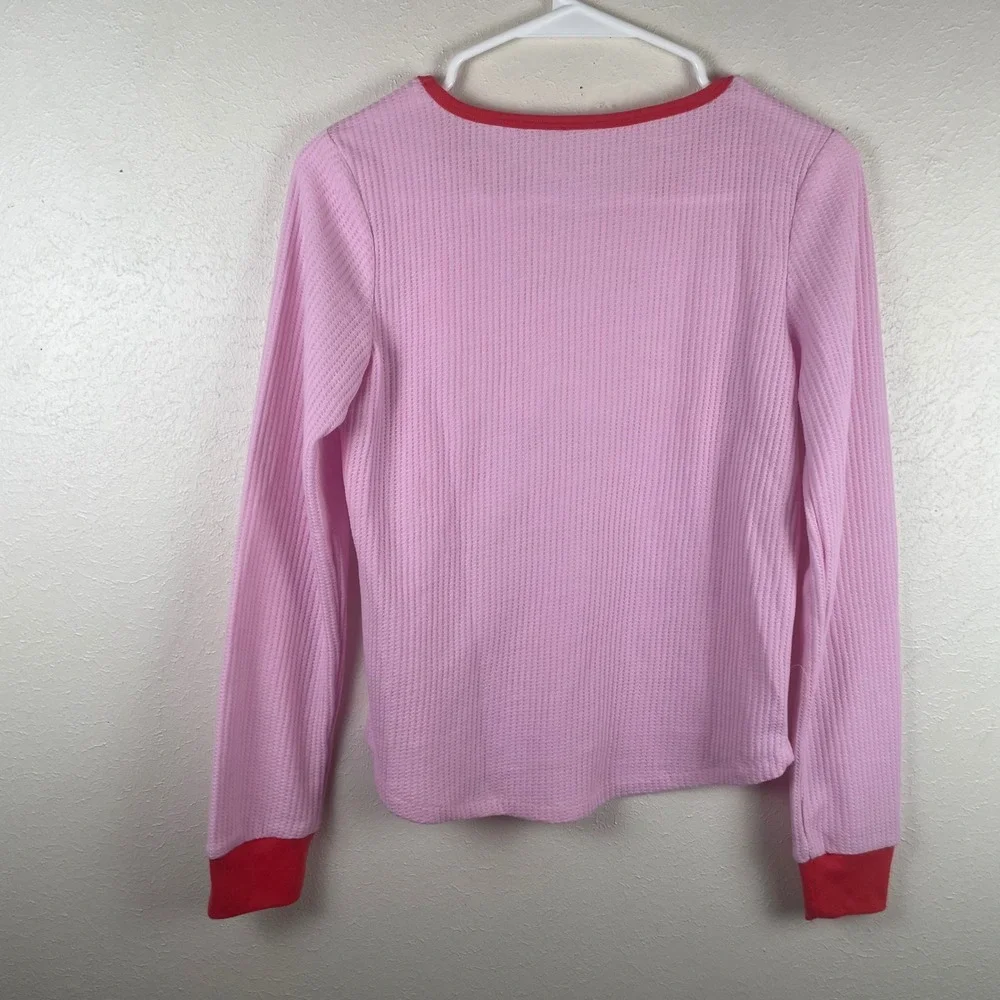 American Girl Pink‎ Waffle Knit Pajama Top Red Trim Girls Sz L 14/16 Long Sleeve
